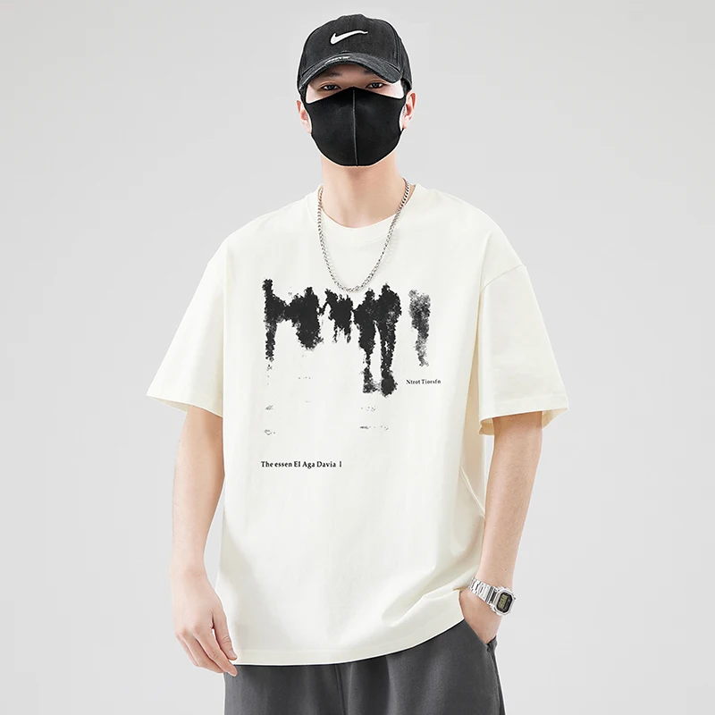

Short sleeve T-shirt men's summer 2025 new ink trend printed round neck loose half sleeve ice silk men's T-shirt