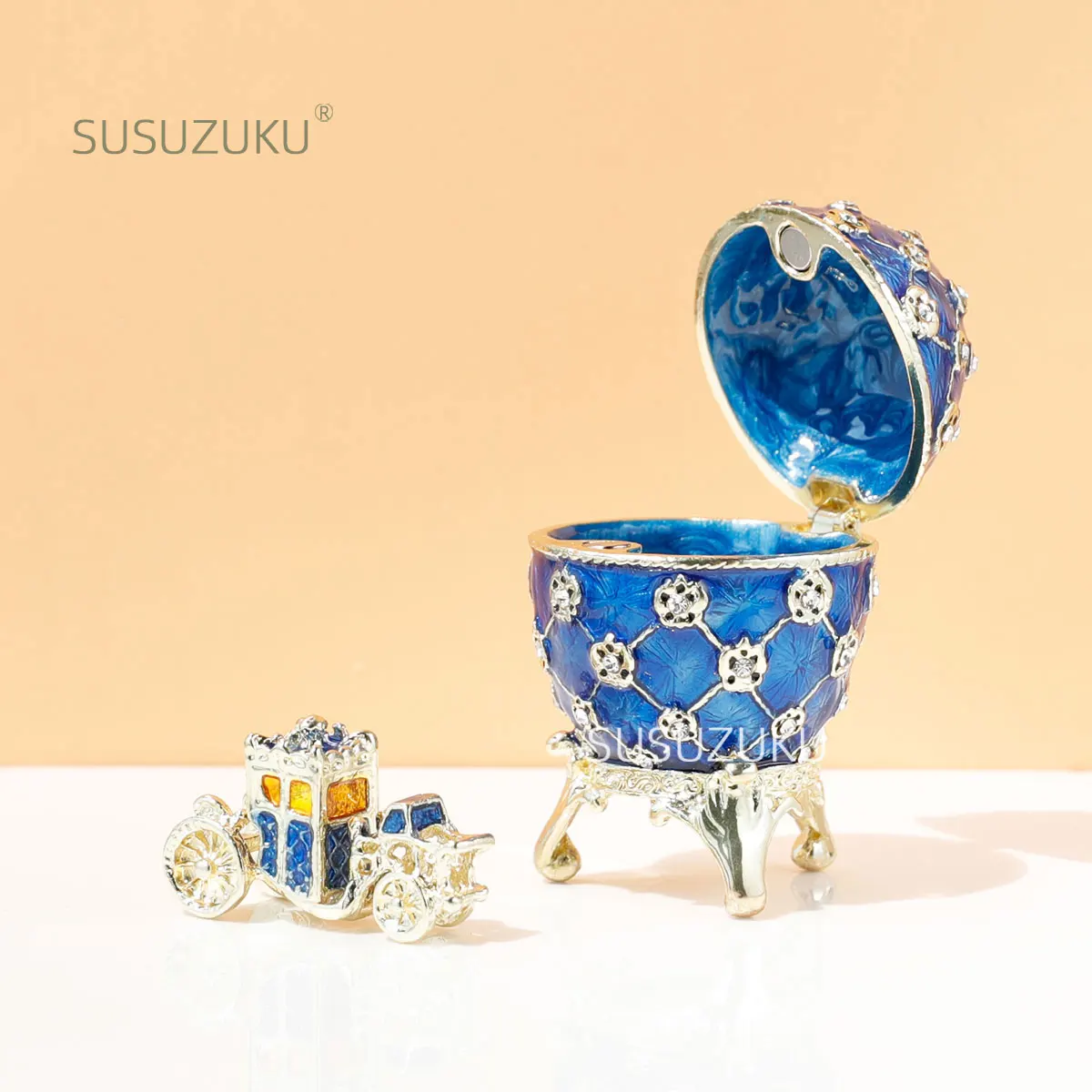 SUSUZUKU1Pc Vintage Blue Imperial Faberge Egg Style Trinket Box with Mini Royal Carriage, Unique Gift for Easter Collection