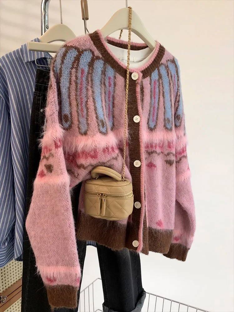 

Pink Sweater Knitted Cardigan for Women Autumn Winter Lazy Single Breasted Coat 2025 New Long Sleeeve Loose Tops Mujer