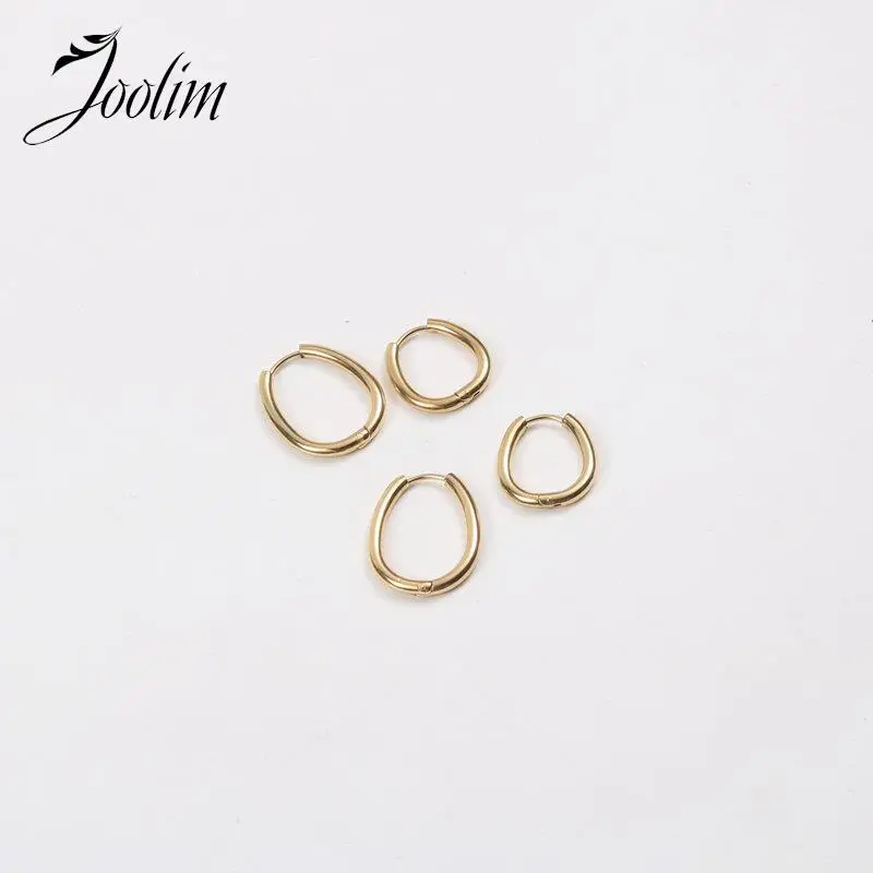 Joolim Jewelry High End PVD Non Tarnish & Waterproof Modern Minimalist Profiled Oval Huggie Stainless Steel Earring For Women