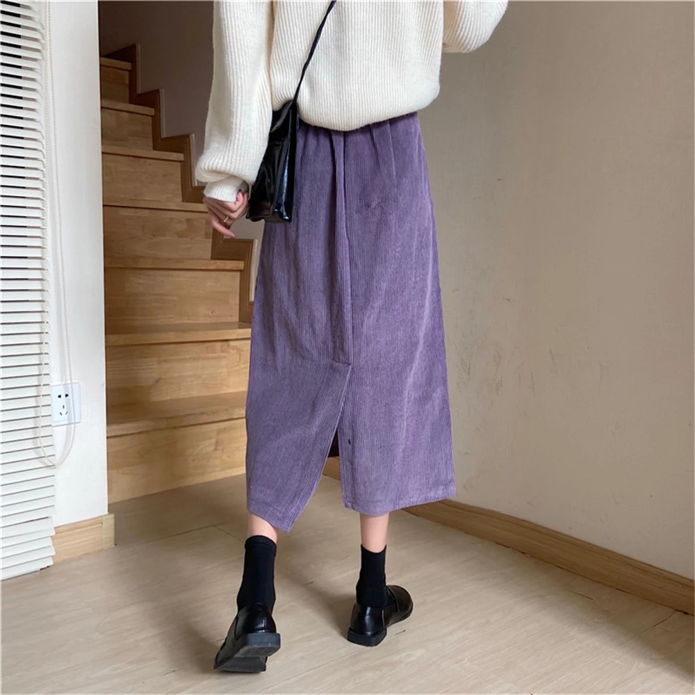 Plus Size Women's Autumn Winter New Corduroy Back-slit Skirt Ladies Vintage High-waist A-line Mid-length Wrapped Hip Half Dress