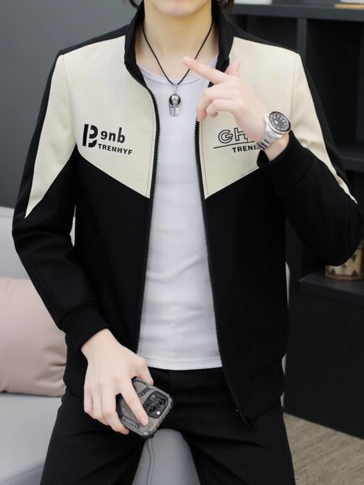 

Slim Fit Korean Sle Men's Jaet Spring Autumn Casual Luxury Stand Collar Top Youthful Ele Patchwork Outerwear