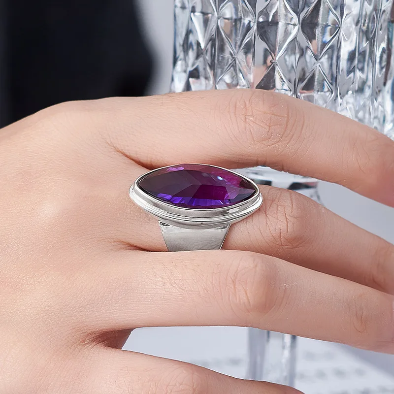 Natural Amethyst Gemstone 925 Sterling Silver Wide Band Smooth Marquise Ring Daily Gala Luxury Fine Jewelry For Men And Women