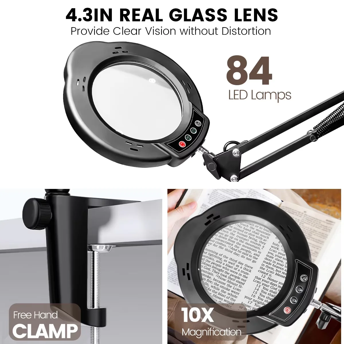 10X Magnifying Glass with Light and Clamp, 5 Color Modes Stepless Dimmable LED Lighted Magnifier Hands Free Magnifying Desk Lamp