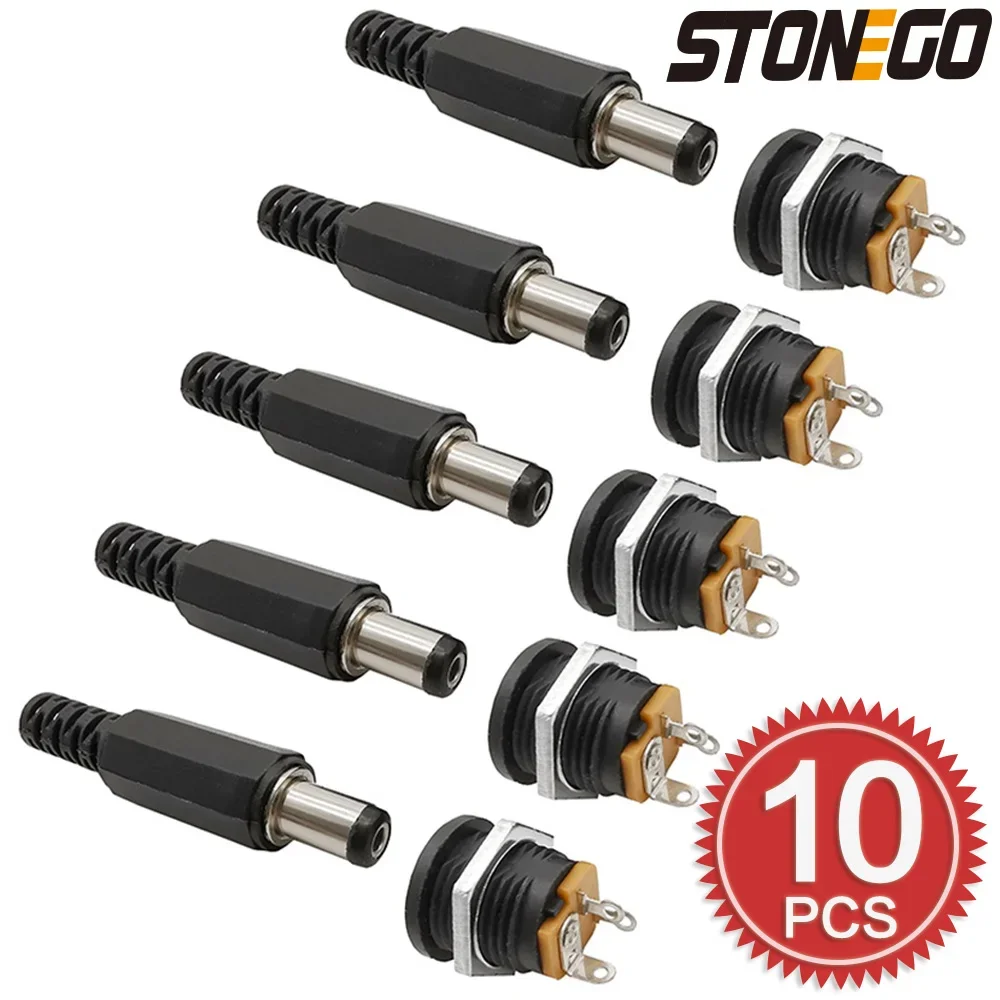 STONEGO 12V 3A DC Conector de alimentação para montagem em painel Soquete fêmea com plugues macho de plástico, porca de parafuso 5,5 x 2,1 mm