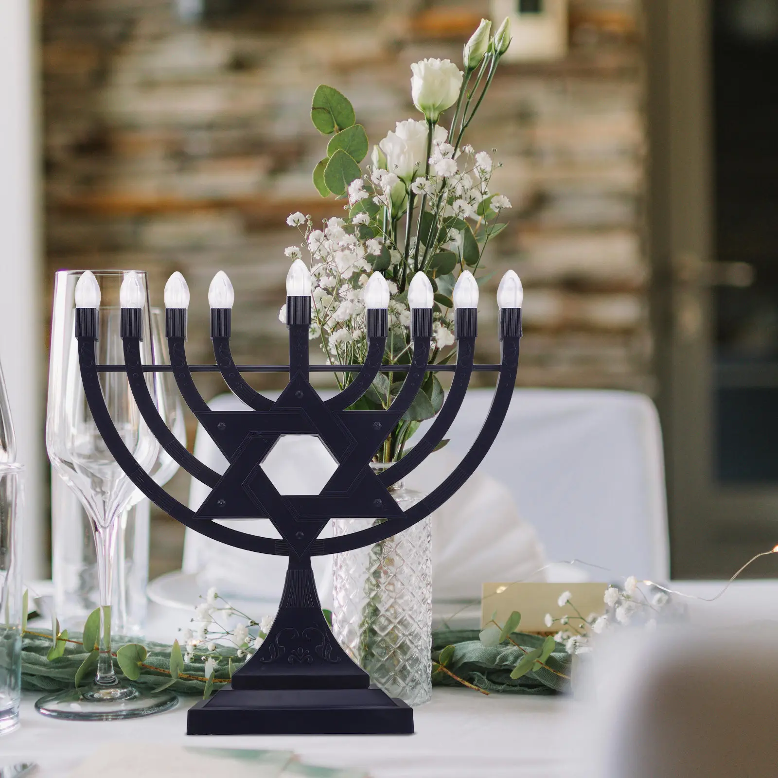 Rechargeable Flameless Candles 9 Branch Menorah for Hanukkah Chanukah Festival Table Decoration LED Electric Light