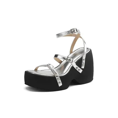 Roman Style Rivet One Line Wedge Sandal With Open Toe New Original Title Platform Height Waterproof Platform Women's Sandal