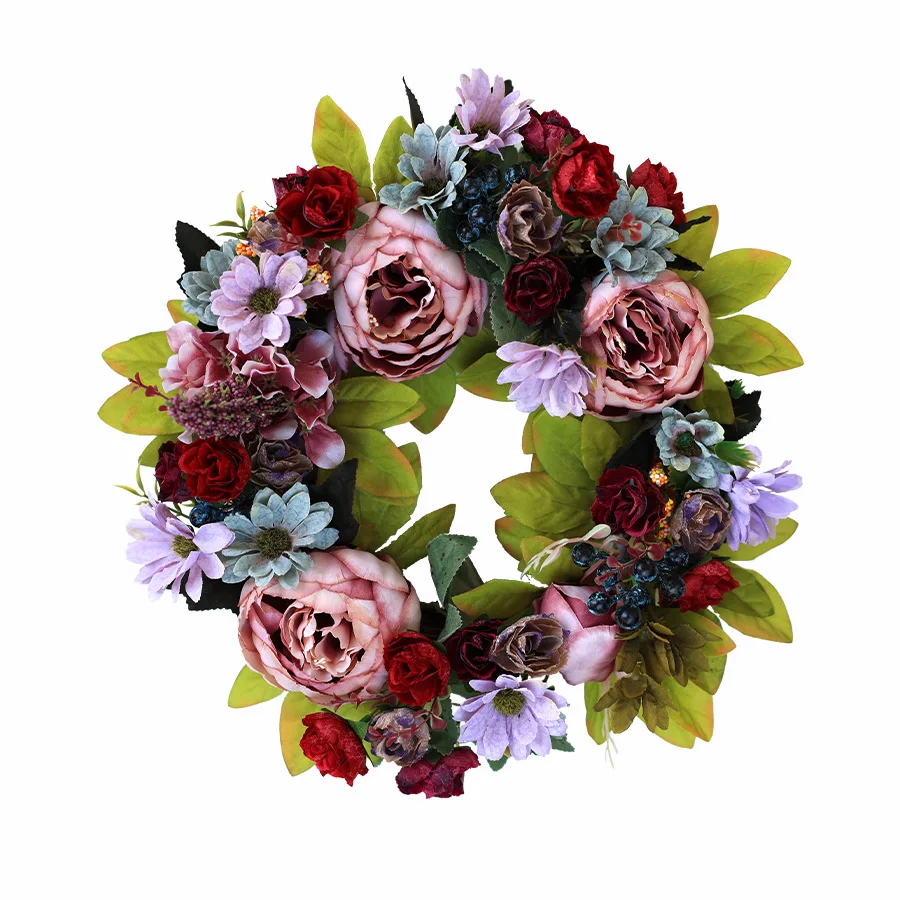 

Весенний ретро венок с пионом, имитация цветочного украшения, свадебный венок, европейский пасторальный венок, подвесная дверь