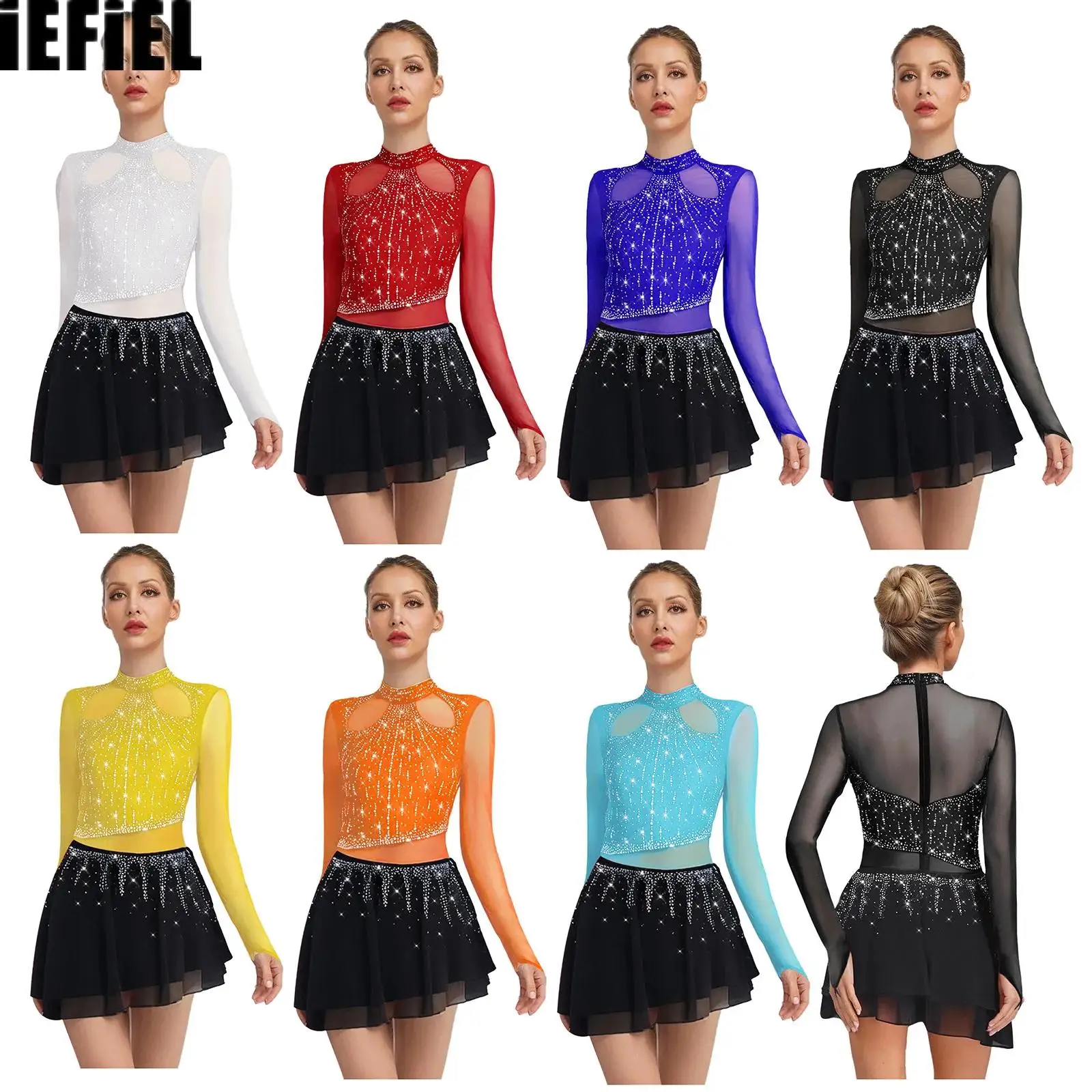

Womens Lyrcial Dance Dress Rhinestone Long Sleeve Chiffon Skirt Bodysuit Dress Figure Skating Modern Dance Costume
