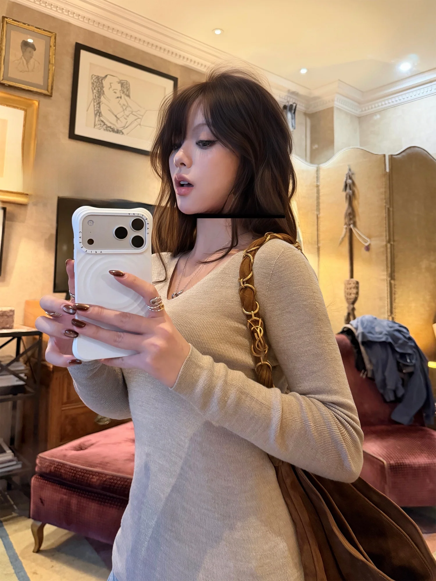 

Thirteen Xin 00 Wool Long Sve V-Ne Women's Base irt Sl Knitted Warm Thermal Underwear Commute Sle Faion