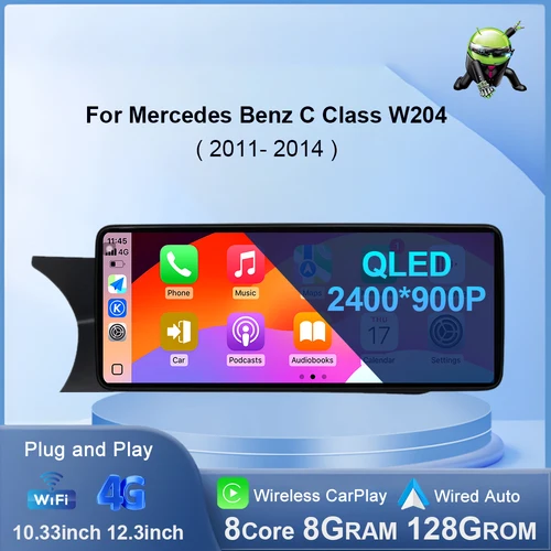 Autoradio Multimedia Stereo Player Navigation GPS Android 14 CarPlay für Benz C W204 2011-2014 NTG 4.5 System QLED Head Unit