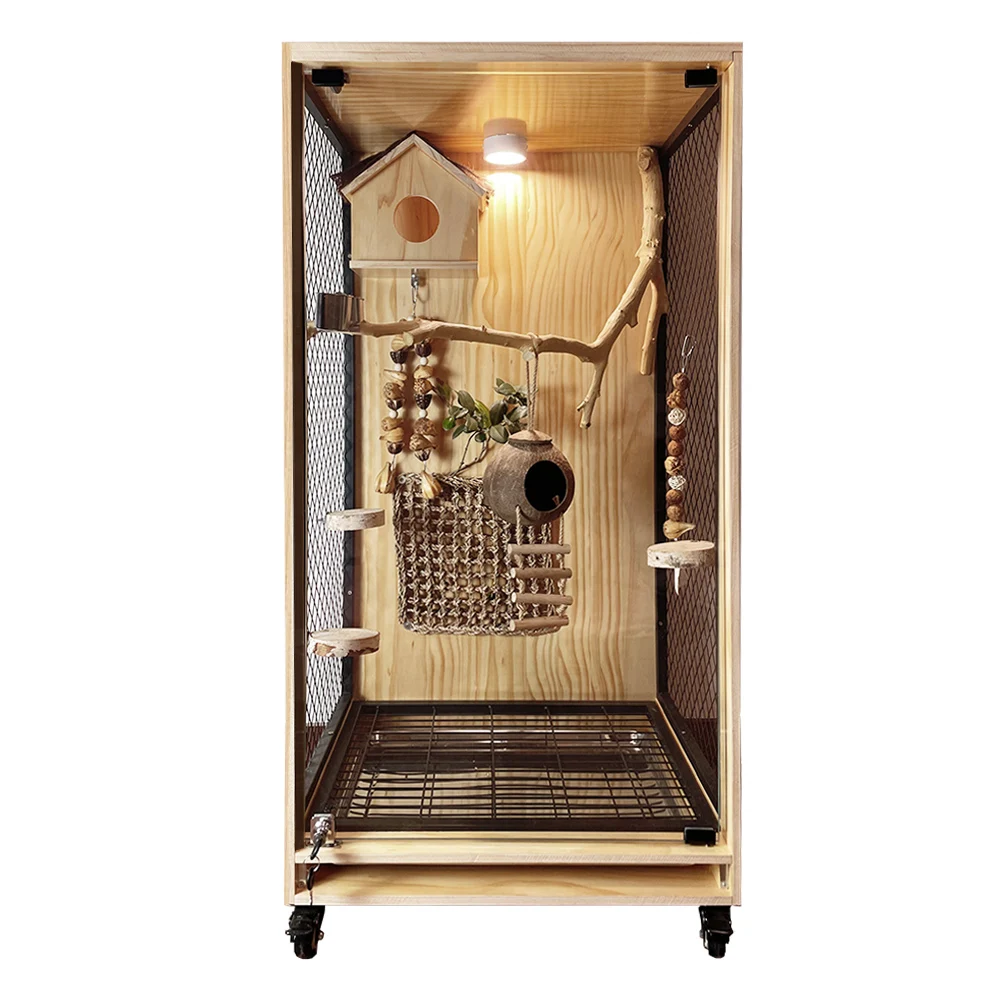Parrot bird cage villa panoramic luxury solid wood King Kong Xuanfeng monk tiger skin large special splash-proof small sun
