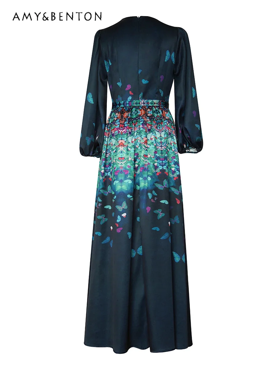 Vestido de satén con estampado Retro para mujer, vestidos Maxi de manga larga con cuello en V de gama alta, Vestidos de Noche de temperamento francés, primavera y otoño