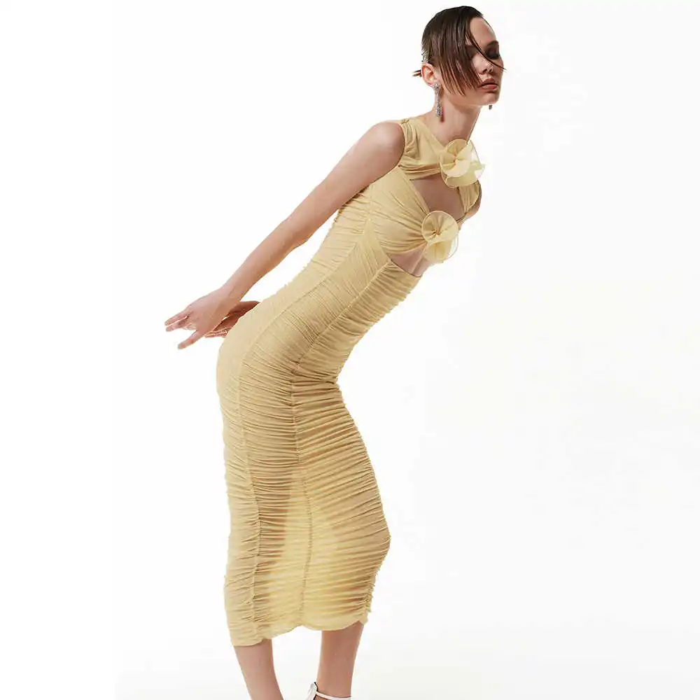 

Sexy Hollow out round Neck Slim Fit Midi Dress Elastic Knitted Mesh Fabric Wedding Celebration Performance Casual Yellow Dress