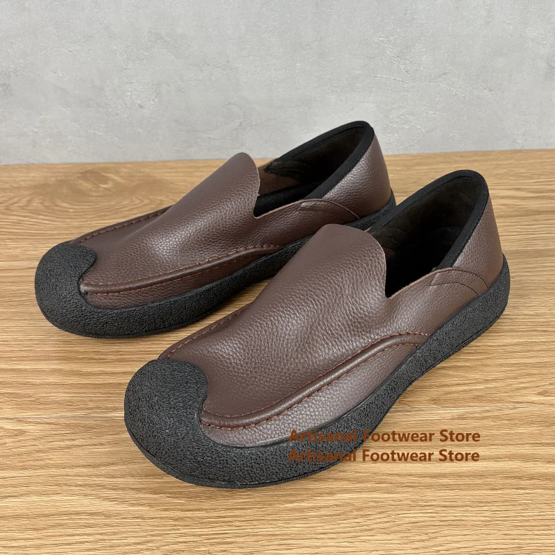 Coffee Brown Cowhide Loafers Men's Shoes Round Toe Slip On Leather Shoes Soft Soled Business Casual Leather Shoes Men's Shoes