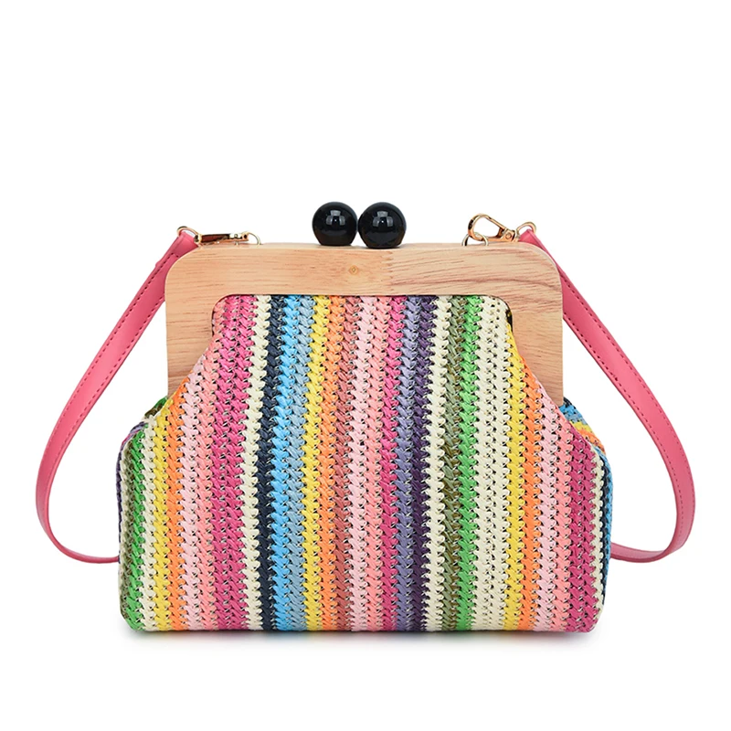 Summer Beach Straw Bag For Women Designer Cloud Bag 2024 New Wood Clip Purse Clutch Bag Shell Shoulder Crossbody Bags Fashion