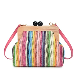 Summer Beach Straw Bag For Women Designer Cloud Bag 2024 New Wood Clip Purse Clutch Bag Shell Shoulder Crossbody Bags Fashion