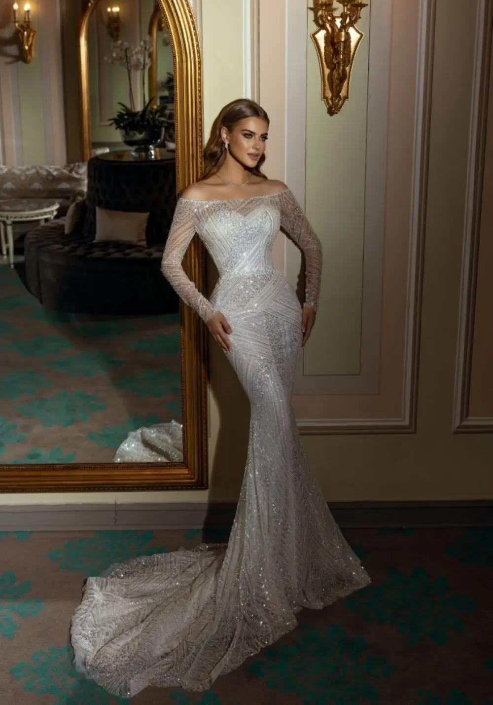 Sparkly ชุดเดรสเมอร์เมดปิดไหล่ชุดเจ้าสาวเลื่อมที่ถอดออกได้รถไฟชุดที่กําหนดเองทํา vestidos