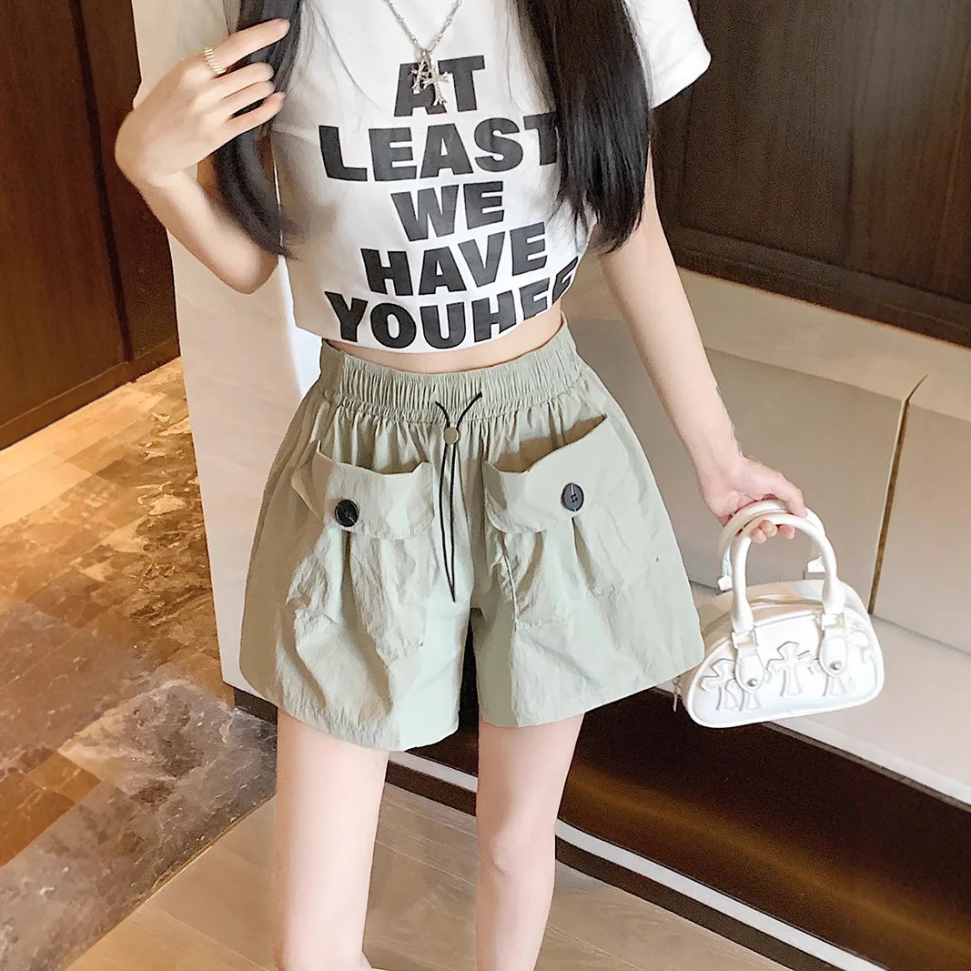 Women Cargo Pants Wide-leg Shorts Summer Double-pocket Design A-line Drawstring Pants Sporty Shorts Women Student Loungewear
