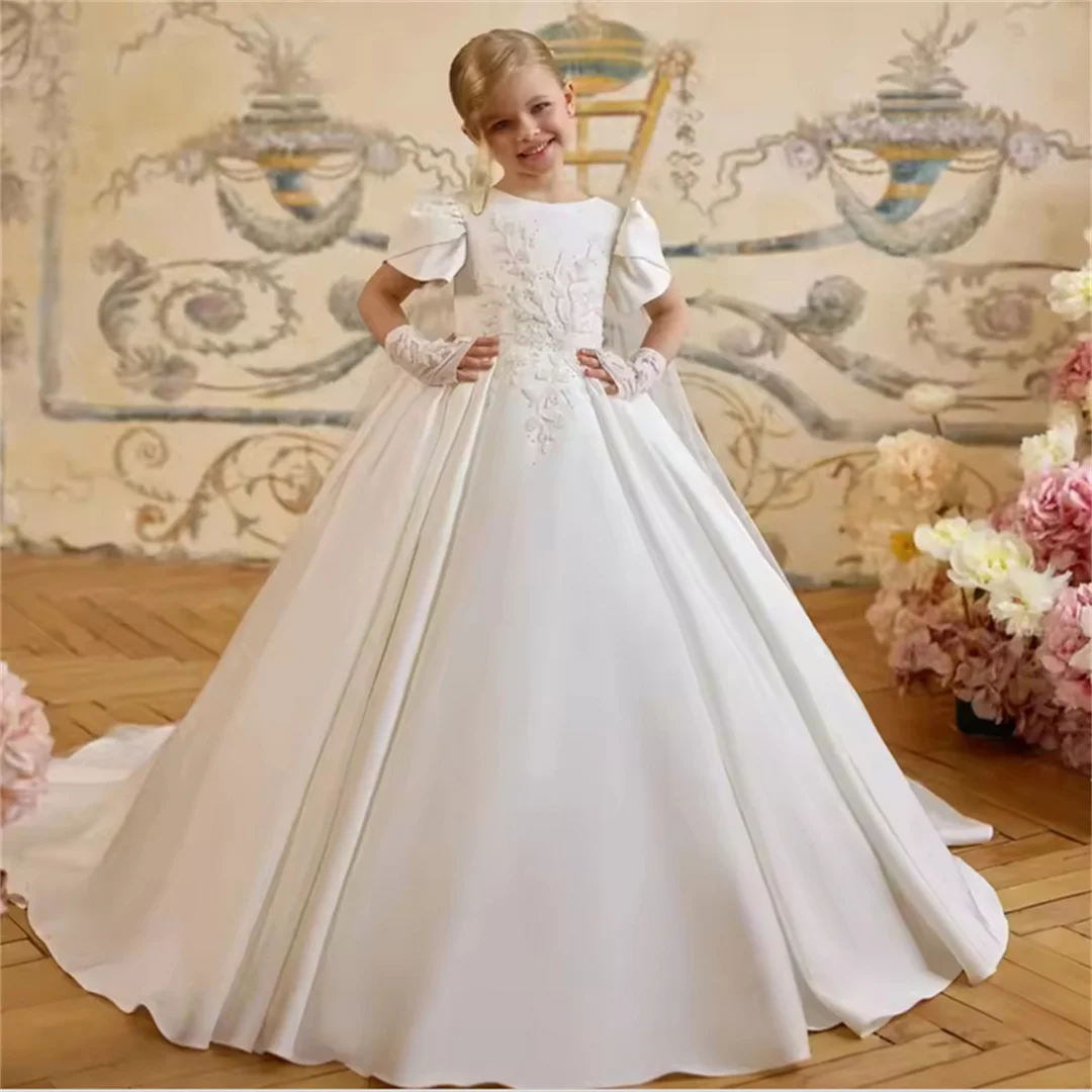 

Элегантные белые платья для девочек на свадьбу, с фатиновой накидкой, для первого причастия, бальные платья, нарядные платья для девочек на день рождения