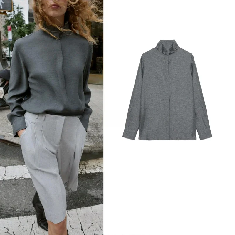 

Новое осеннее поступление, женский топ irt Long Sve со сборками, драпированным воротником-стойкой, удобный дышащий топ из смеси хлопка и полиэстера