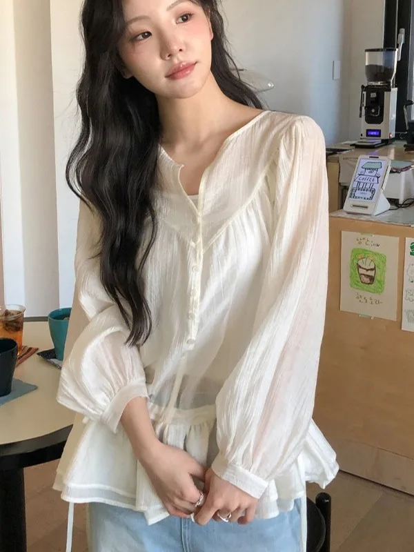 Sweet V-Neck Long Sleeve Women's Shirt Drawstring Waist Hem Spring New Style Korean Style Fashionable Casual Blouse