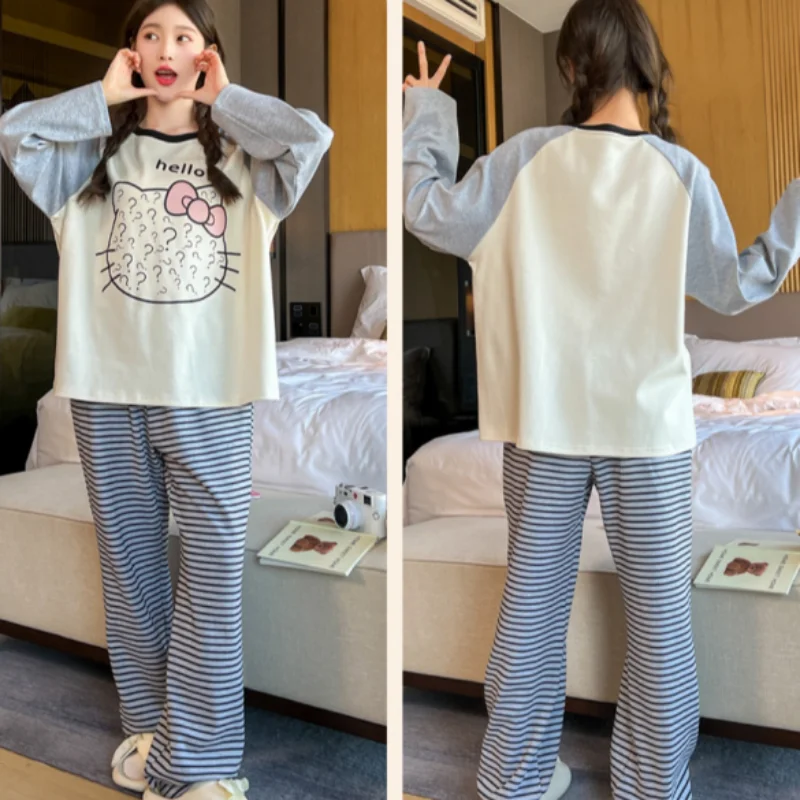 Conjunto de pijamas de algodão Sanrio Hello Kitty para mulheres, calças de manga comprida, loungewear casual cartoon, pijama para cães Pacha, outono, novo, 2 peças