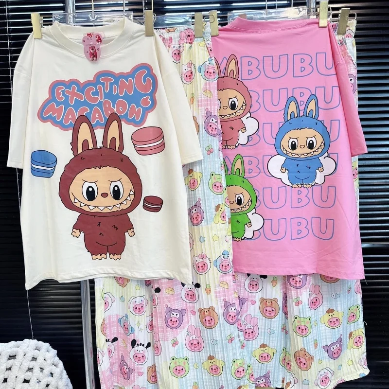 Hot Labubu Cute Fashion Set  Women 2024 Summer New Cute Cartoon Short Sleeved Hanging Wide Leg Pants Set Pajamas Girls Xmas Gift