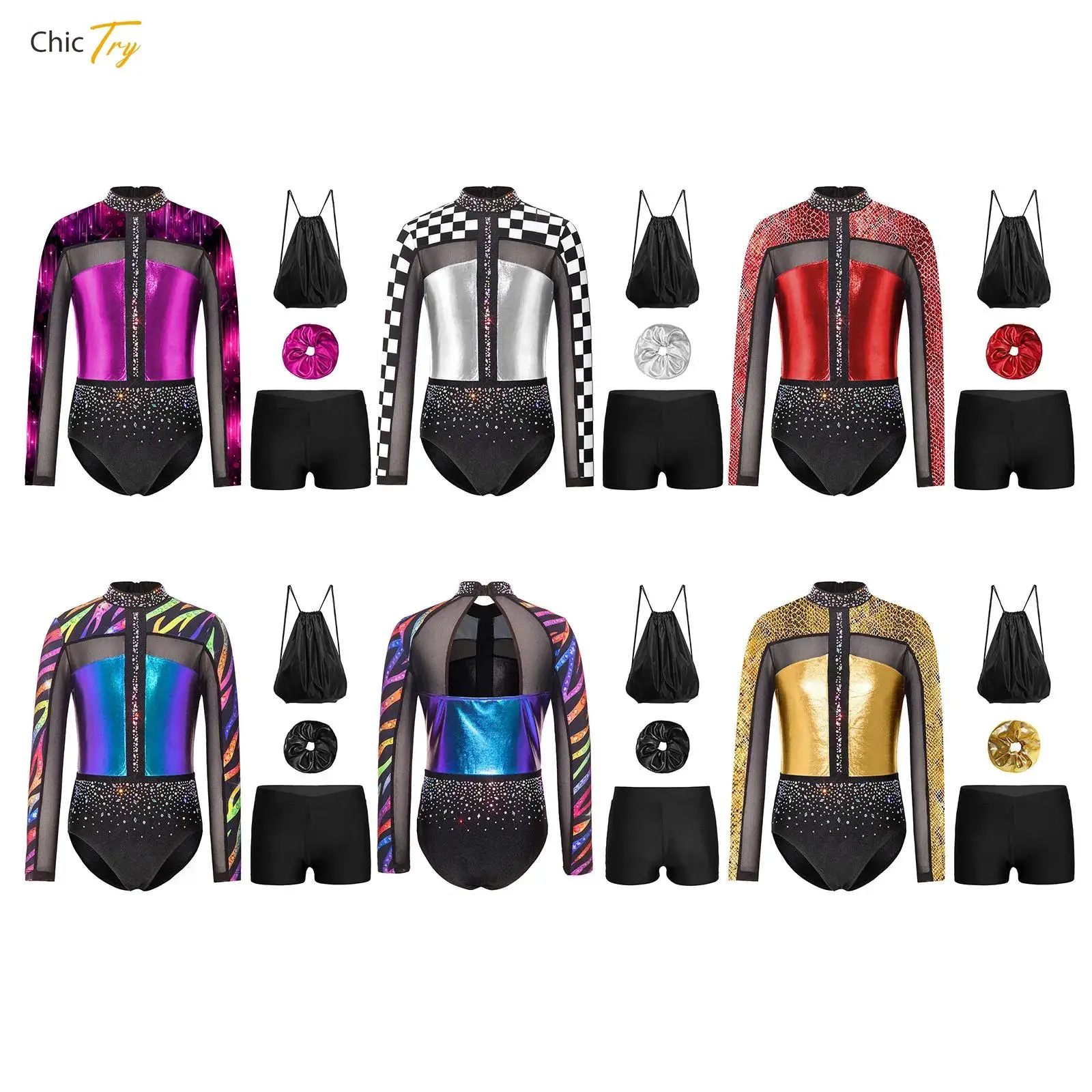

Girls Gymnastics Dance Suit Rhinestones Back Cutout Skating Leotards And Shorts Hairtie Drawstring Gym Bag Yoga Workouts Dancing