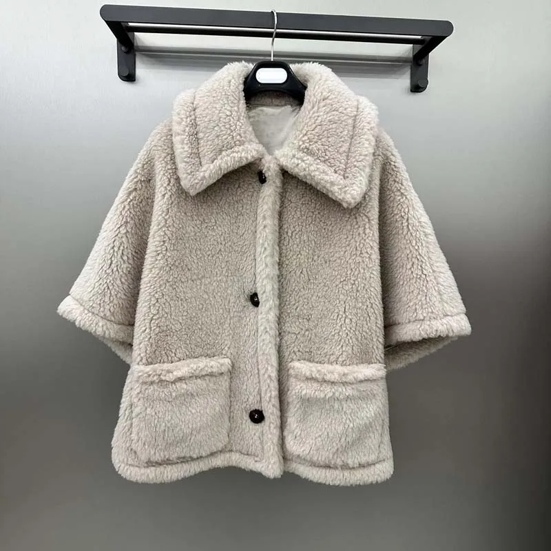 Winter Clothes Women 2024 New Fashion Short Length Teddy Bear Cape Style Sheep Wool Alpaca Silk Single Breasted