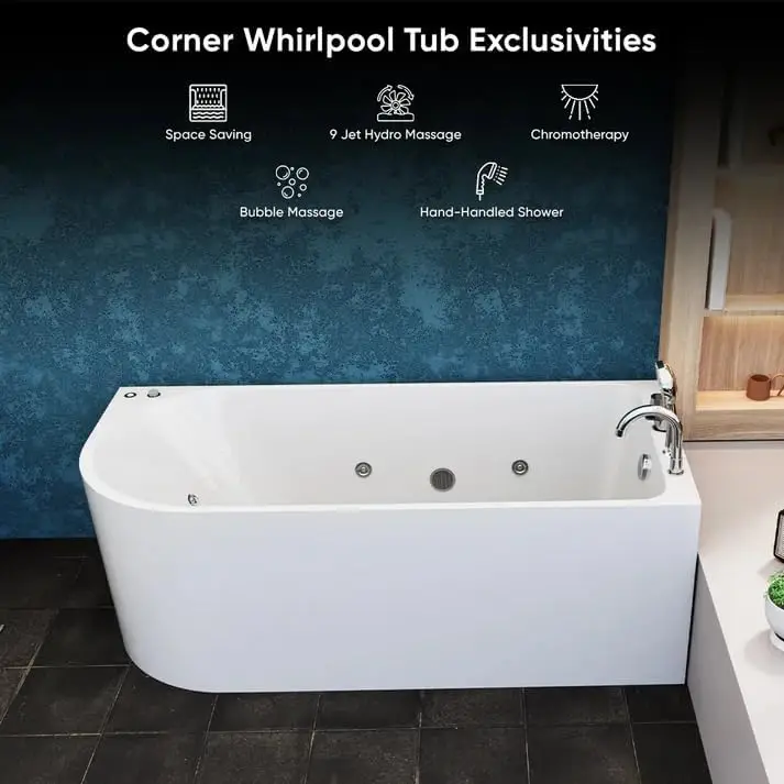 67”  Tub, Hydro Massage Bathtub With 9 Water Jets, Spa Bathtub With Right Drain, Chromatherapy, Acrylic, White, Cpuc Certified