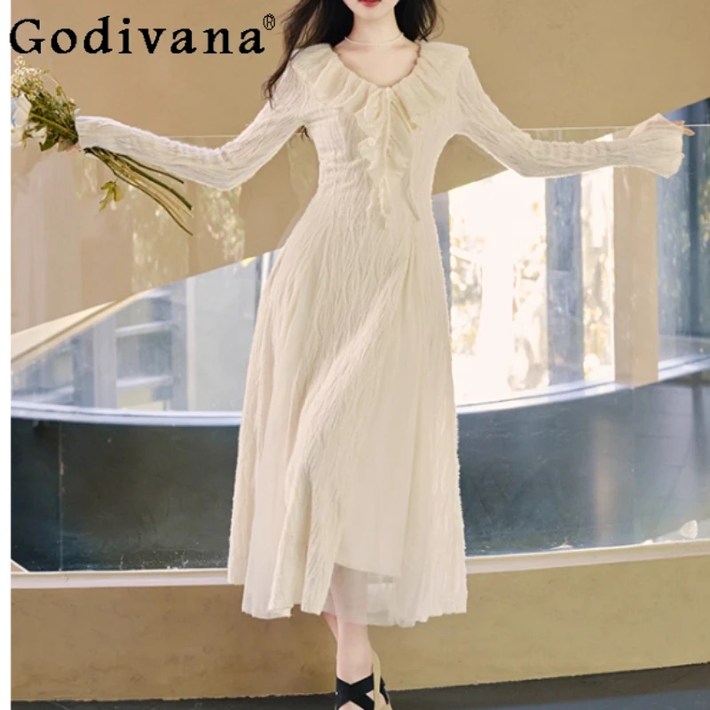 

Sweet French Fleece Thickened Autumn Winter Princess Birthday Dress Fashion High Waist V-neck Lantern Sleeve Bottom Dresses