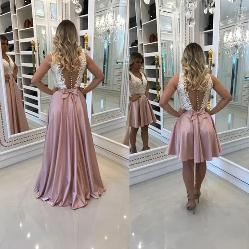

Customized Long Dusty Rose Lace Prom Dresses with Pockets Robe De Soiree A-Line V-Neck Open Back Formal Party Dresses for Women