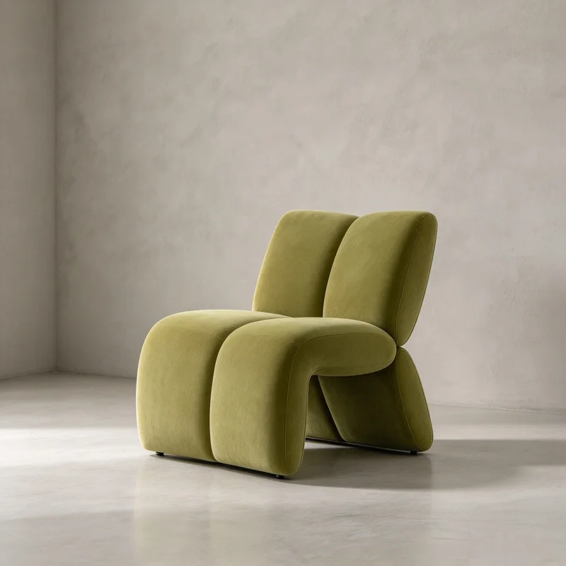 OAKEN Modern Designer Velvet Accent Chair Unique Curved Integrated Upholstered Leisure Armless Chair for Living Room Bedroom