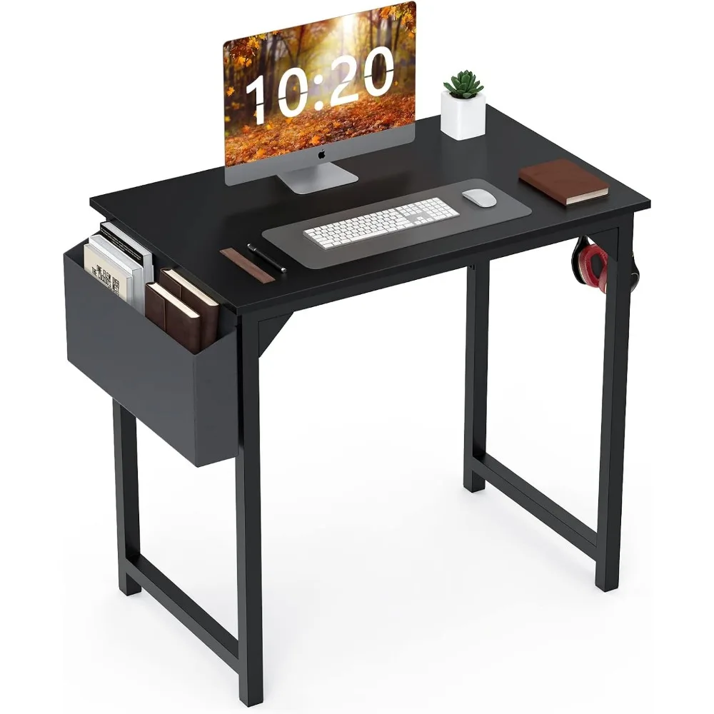 

Compact Computer Desk with Storage Bag & Headphone Hook, Modern Simple Style, Metal Frame, Black