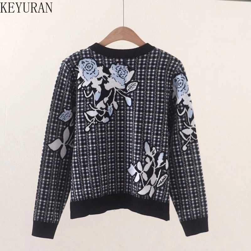 Sweter damski z dzianiny w kratę i kwiaty, elegancki, modny, z okrągłym dekoltem, długi rękaw, dzianinowe topy, kurtki, płaszcze, swetry damskie, 2025