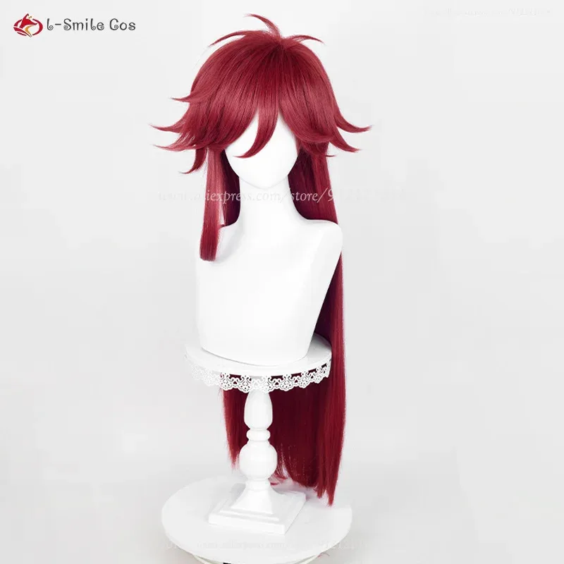 2025 أنيمي Kuroshitsuji Grell Sutcliff تأثيري 90 سنتيمتر الأحمر الداكن الباروكات مقاومة للحرارة الاصطناعية الشعر هالوين + غطاء شعر مستعار