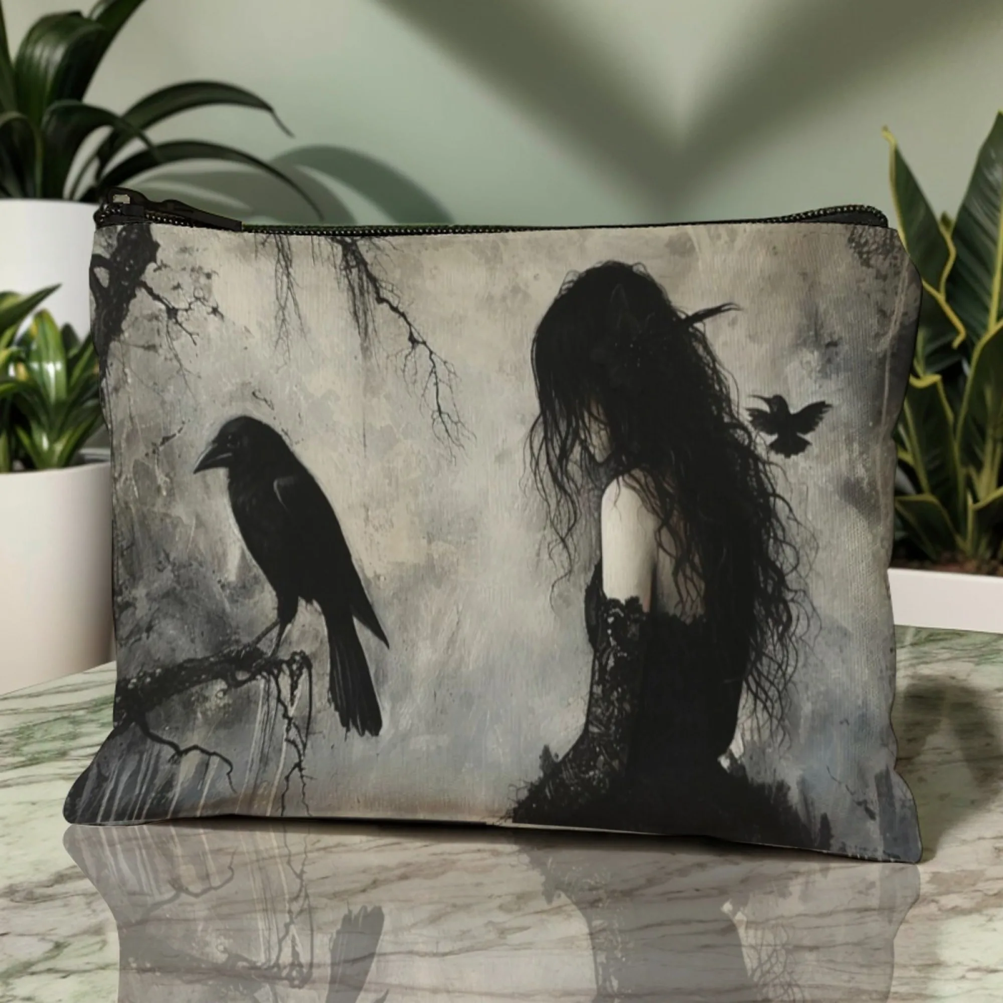 Dark Fairy Tale Makeup Bag Raven & Gothic Art Print Travel Organizer for Cosmetics Snacks Coin Mysterious Moonlit Forest Design