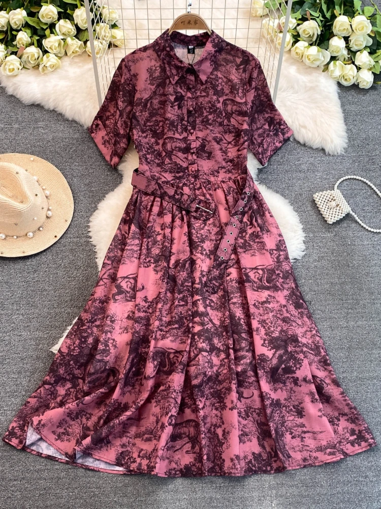 Vintage Printed Dress Women Short Sleeved Lapel A-line Ink Paint Shirt Dresses Ladies Elegant A-line Summer Long Robe Vestidos