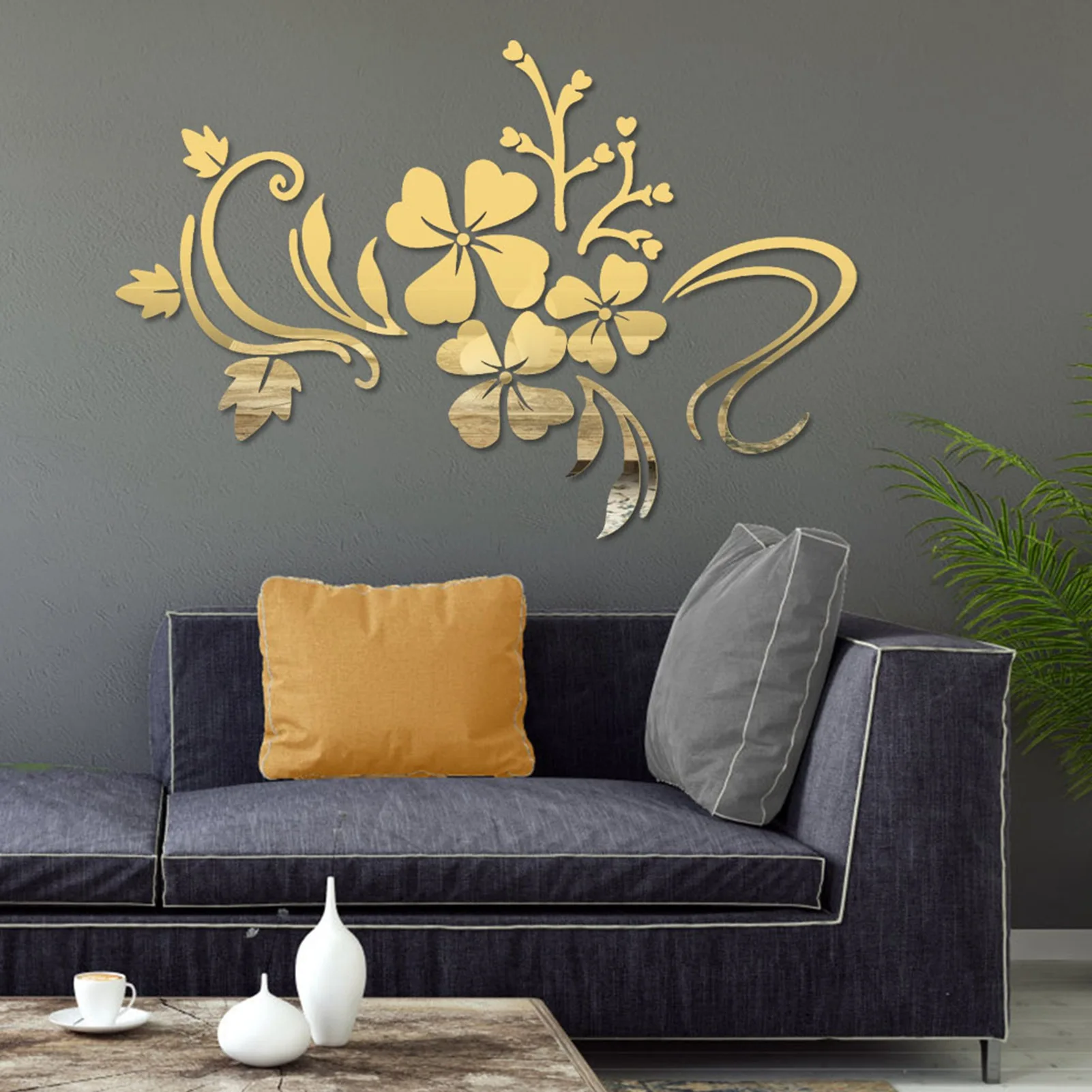 Home Parlour Room Mirror Plastic Flower Art Removable Wall Sticker Decoration Decal Golden