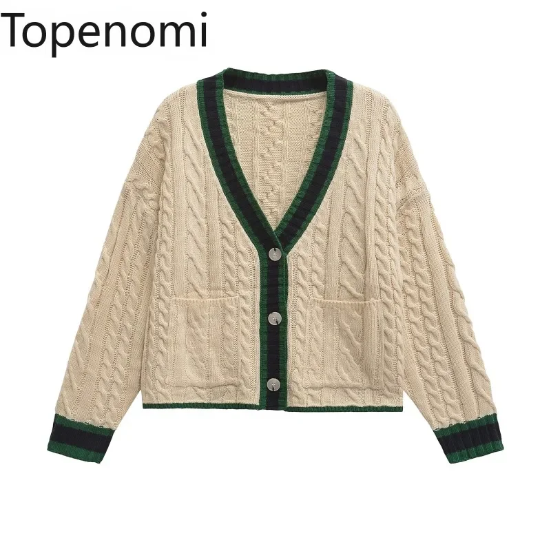 Topenomi Elegant Sweater Cardigan Women V Neck Contrast Color Loose Short Knitted Coat Autumn Winter Lazy Casual Long Sleeve Top