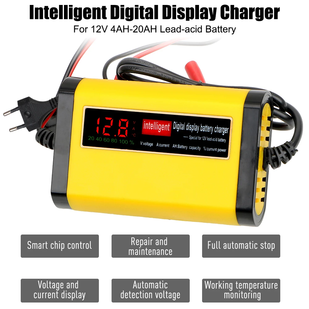 Full Automatic Car Battery Charger 12V 2A Intelligent Fast Power Charging 3 Stages Lead Acid AGM GEL Battery-chargers US EU Plug