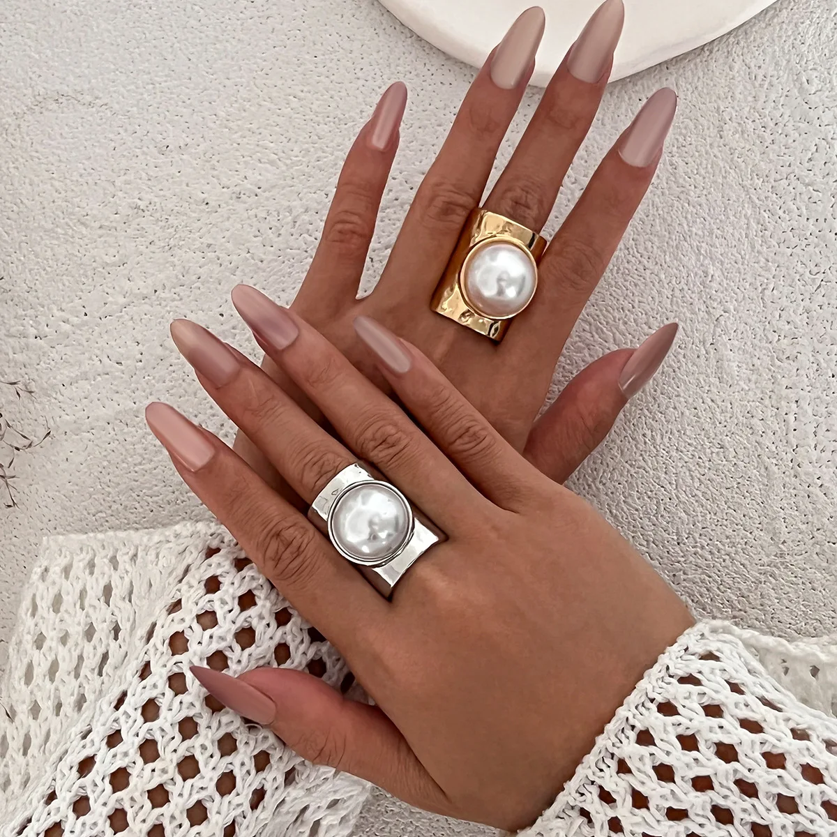 New Punk Exaggerated Irregular Metal Wide Open Adjustable Rings for Women Imitation Pearl Geometric Finger Ring Men Jewelry