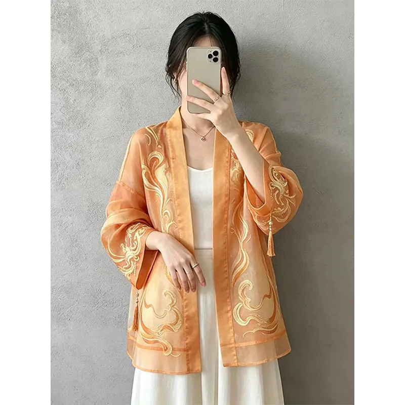 Women Orange Sheer Kimono Cardigan Chinese Style Cloud Embroidery Three Quarter Sleeve Loose Lightweight Sun Protection Jacket