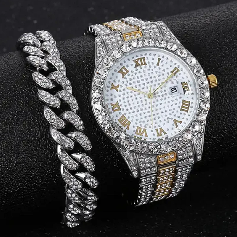 라인석 대형 다이얼 스틸 스트랩 쿼츠 시계, 아연 합금 팔찌 세트, 남녀공용 럭셔리 시계, Relogio Feminino, 2 개/세트