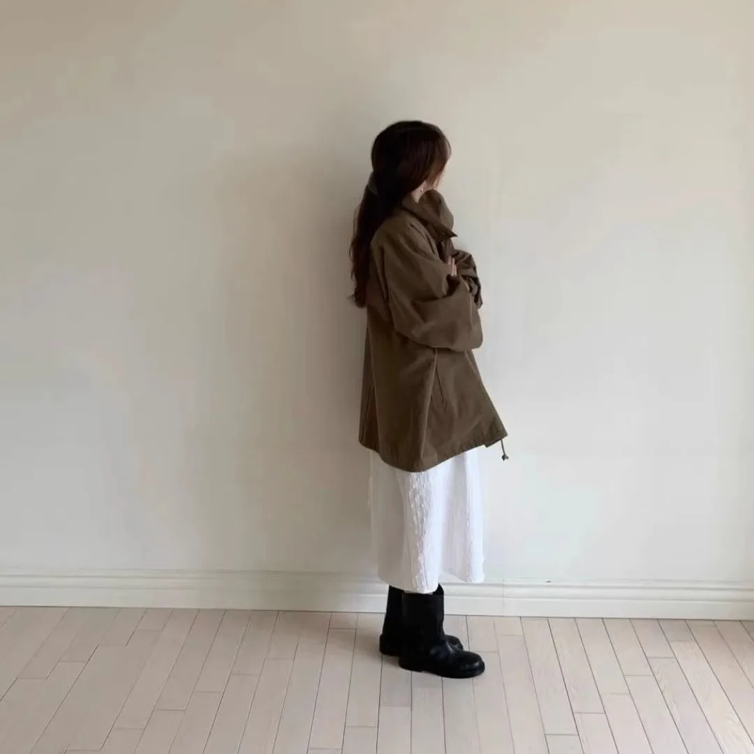 

Ele Simple Mid-Length Single-Button Stand-Collar Windbreaker Outerwear Slimming Commute Sle Cotton 00% Autumn Faion