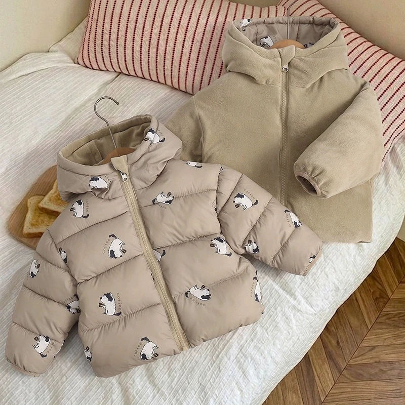 2-6 Years Kids Winter Reversible Down Cotton Jacket Fashion Cartoon Print Hooded Coat Fleece Warm Outerwear for Boys Girls