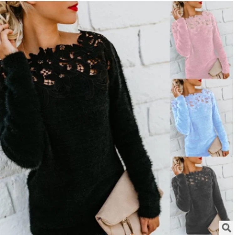 

Женский лоскутный кружевной длинный свитер, свободный крой из полиэфирного волокна, зимний цветной вязаный свитер