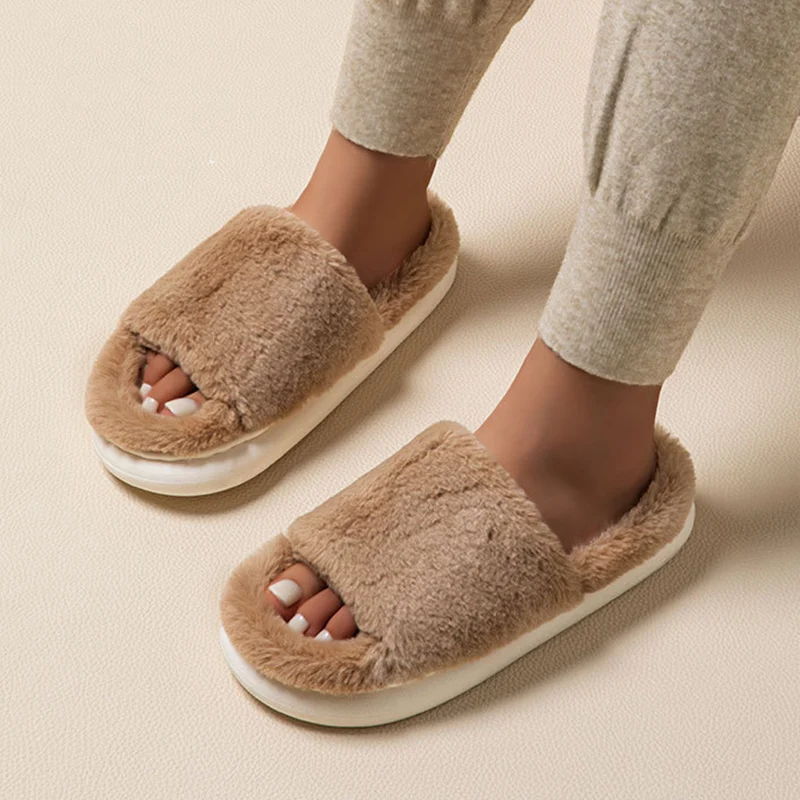 Zapatillas mullidas blancas cálidas de invierno para mujer, cómodas zapatillas de algodón con parte inferior gruesa para el hogar, chanclas de plataforma con punta abierta para interiores