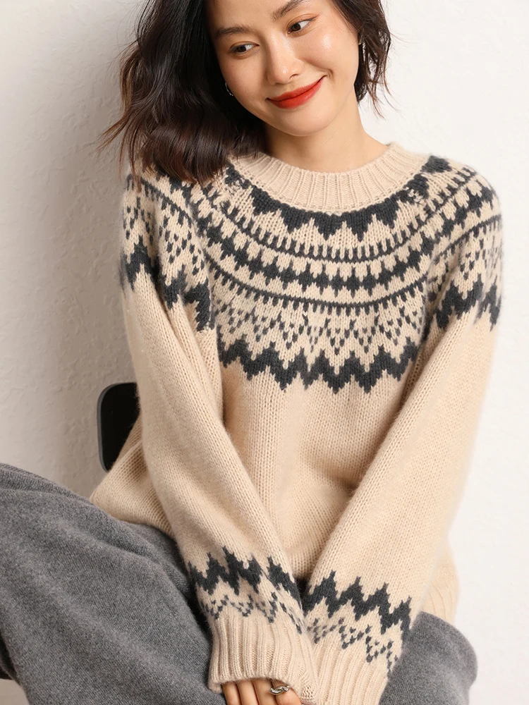 

Women Fair Isle Sweater Cashmere Pullover O-neck Thick Raglan Sleeve Autumn Winter Loose 100% Cashmere Knitwear Soft Clothes Top